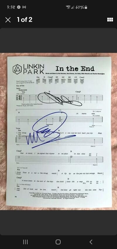 Autographed Chester Bennington In The End Lyric Sheet W/ Mike Shinoda COA