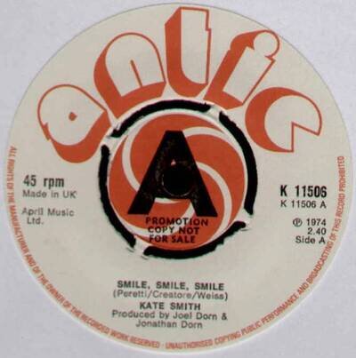 KATE SMITH~SMILE, SMILE, SMILE / A PERFECT LOVE~1974 UK "PROMO" VINYL 7" SINGLE