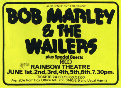 BOB MARLEY & THE WAILERS Concert Poster & Ticket Rainbow Theatre 1977 - reprint