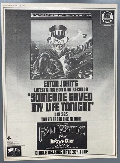 ELTON JOHN 1975 POSTER ADVERT SOMEONE SAVED MY LIFE TONIGHT Captain Fantastic