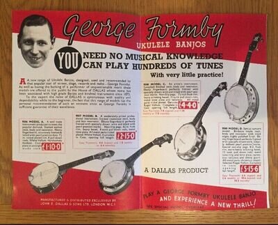 George Formby Dallas Ukulele Banjos-Double Sided Leaflet- Novelty Reproduction.