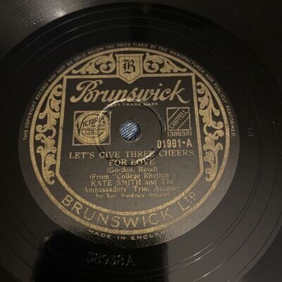 Rare 78rpm record, V, KATE SMITH : Let's give three cheers for love, Brunswick