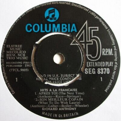 Richard Anthony - 7" EP - Hits A La Francaise - 1963 - Columbia SEG 8370 - VG