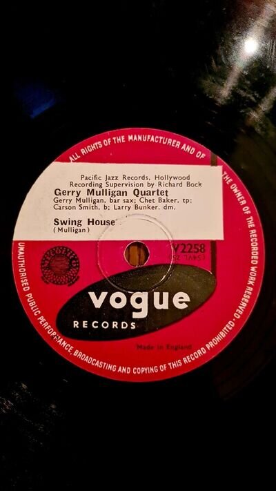 Gerry Mulligan Quartet,Swing House, 1053 shellac 10" 78rpm VG+