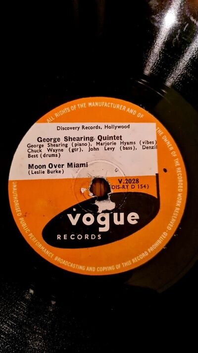 George Shearing Quintet, Moon over Miami, 1951 shellac 10" 78rpm VG+