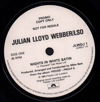 JLWDJ1 Julian Lloyd Webber Nights In White Satin 7" vinyl UK Polydor 1985 Promo