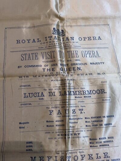 ANTIQUE 1889 OPERA SILK PROGRAMME COVENT GARDEN FAUST QUEEN VICTORIA CONCERT