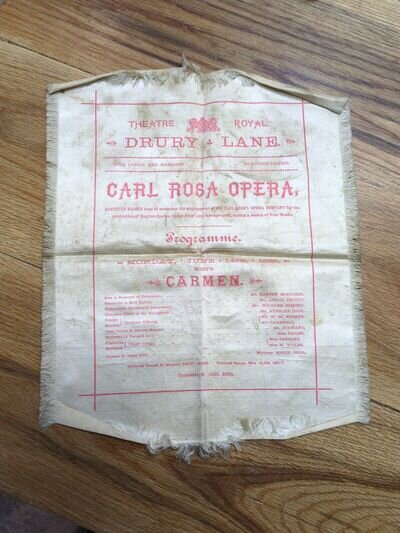 ANTIQUE 1886 OPERA SILK PROGRAMME CARMEN DRURY LANE LONDON HANDKERCHIEF ROSA