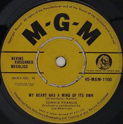 Connie Francis My Heart Has A Mind Of Its Own 7" Single (1960) MGM 45-MGM-1100