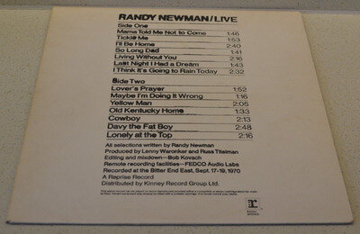 Randy Newman - Live : Reprise Records - 1971 : LP Record