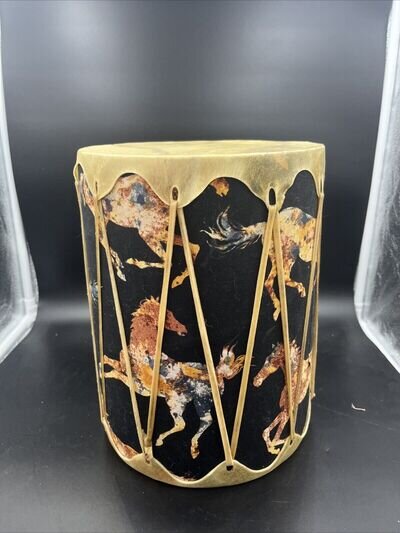 Vintage Native American TIGHTLY BOUND DRUM HAND MADE NATURAL HIDE Running Horse