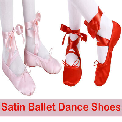 Satin Ballet Shoes with ribbons Ballet Dance shoes Split sole For Kids Adults