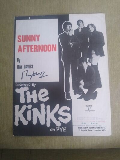 THE KINKS RAY DAVIES SIGNED SUNNY AFTERNOON RARE SHEET MUSIC AUTOGRAPH