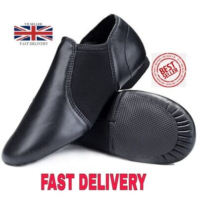 Slip on jazz dance shoes Black Leather Neoprene Rubber Split sole Unisex Dance