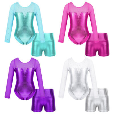 Kids Girls Sparkly Metallic Mesh Leotard and Shorts for Dance Gymnastic Skating