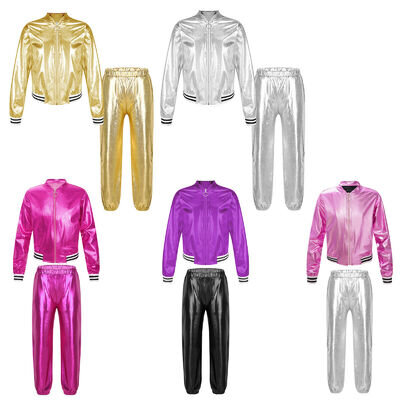 Boys Girls Jazz Hip Hop Dance Costume Shiny Jacket Sweatshirt and Sweatpants Set