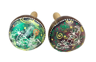 Spray Painted Gecko Maracas - Multicoloured Coconut - Hand Carved Musical