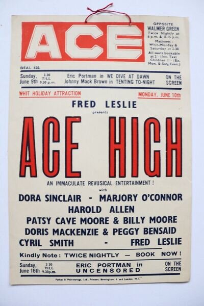 Small Variety Poster, Flyer, Ace Ballroom Deal Kent, Fred Leslie, Ace High 1940s