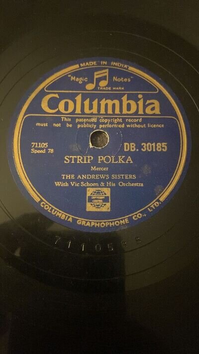 Rare 78rpm record, V+, THE ANDREWS SISTERS : Strip Polka , Columbia DB. 30185