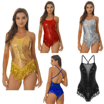 Shiny Sequin Leotard for Women Fringe Bodysuit Ballroom Latin Jazz Dance Costume