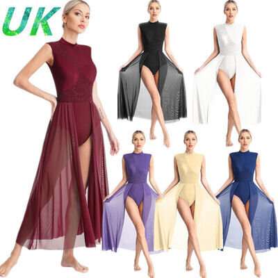 UK Womens Adult Lace Mesh Lyrical Modern Dance Dress Leotard Performance Costume