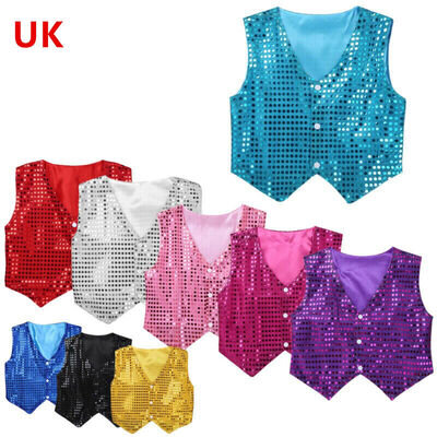 UK Kids Boys Girls Sequined Vest Waistcoat Costume Jazz Dance Performance Jacket