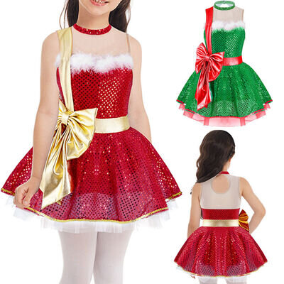 Kids Girls Shiny Sequins Christmas Skating Dance Tutu Dress Santa Claus Costume