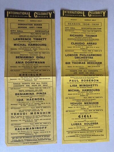 ORIGINAL 1930s CONCERT POSTERS X2 NEWCASTLE RACHMANINOFF YEHUDI MENHUIN RARE