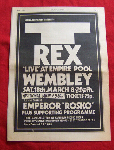 T REX MARC BOLAN WEMBLEY EMPIRE POOL CONCERT ORIGINAL 1972 VINTAGE POSTER ADVERT