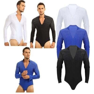 Mens Latin Dance Shirts Bodysuit Long Sleeve V Neck Zipper Gymnastics Leotards