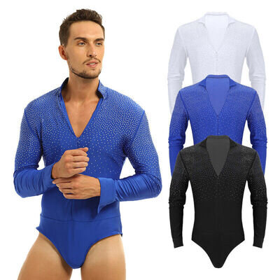 Men's One Piece Shiny Rhinestones Latin Dance Shirt Ballroom Leotard Dancewear