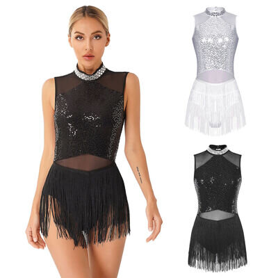 Women Sequined Leotard Dress Tassel Fringe Ballroom Latin Jazz Dance Costume