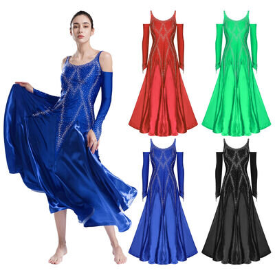 Womens Rhinestones Ballroom Dance Costume Cold Shoulder Modern Waltz Tango Dress