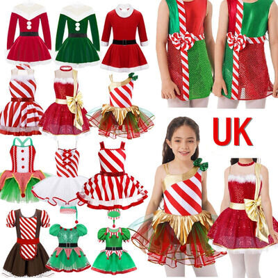 UK Girls Christmas Candy Cane Stripe Tutu Dance Leotard Figure Skating Dress