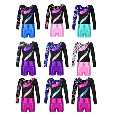 Girls Long Sleeve Gymnastic Leotard Workout Unitard with Shorts 2 Pieces Sets