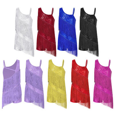 UK Kids Girls Sequins Tassel Fringe Rumba Latin Tango Leotard Costume Dancewear