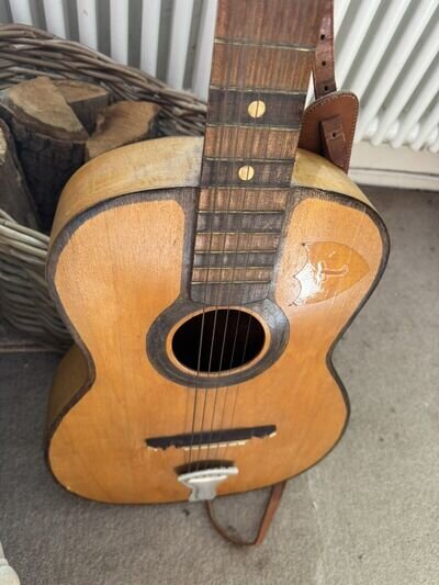 Vintage Steel String Acoustic Guitar 50’s Troubadour? Rare 1950’s Leather Strap