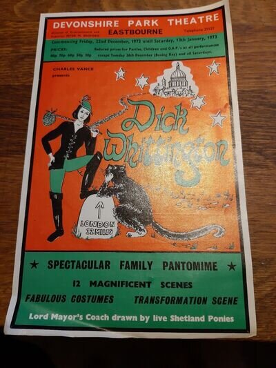 Vintage 1970s Dick Whittington 1973 Flyer Handbill Devonshire Park Theatre