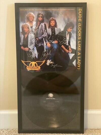 AEROSMITH HAND-SIGNED FRAMED LP AUTOGRAPH TYLER PERRY KRAMER WHITFORD HAMILTON!!