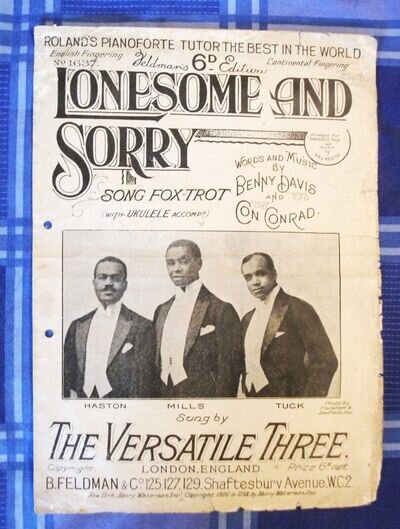 THE VERSATILE THREE Sheet Music "Lonesome & Sorry" 1926 Early African Americans