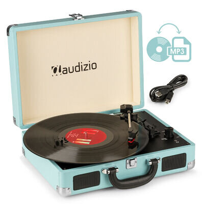 RP114BL Briefcase Record Player with Built-in Speakers, USB, Vinyl to MP3 - Blue