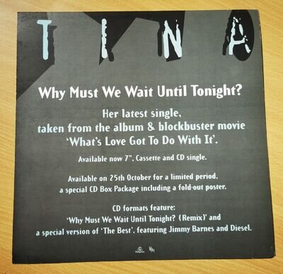 TINA TURNER DISPLAY CARD Poster Why Must We Wait Until Tonight ? UK PROMO ONLY