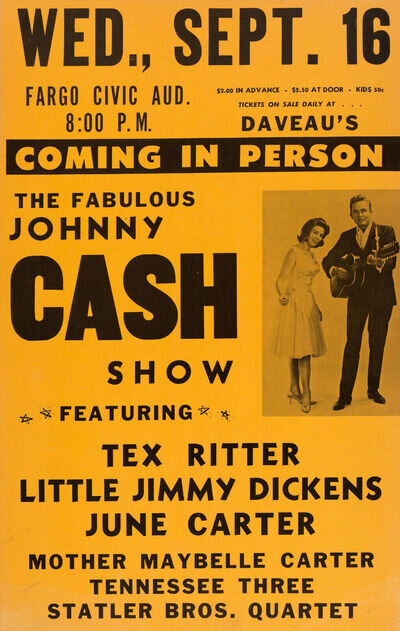 JOHNNY CASH Concert Window Poster - Fargo Civic Auditorium 1964 - reprint