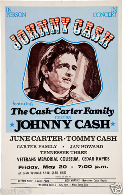 JOHNNY CASH Rare Concert Mini-Poster / Handbill Cedar Rapids 1977 - reprint