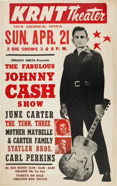 JOHNNY CASH Concert Window Poster - Des Moines, IOWA 1968 - reprint