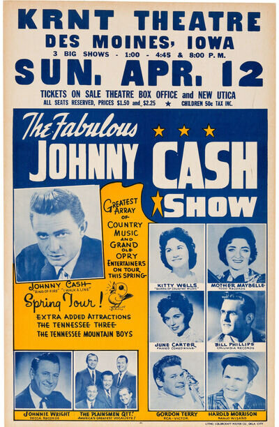 JOHNNY CASH Concert Window Poster - KRNT, Des Moines, Iowa 1964 - reprint