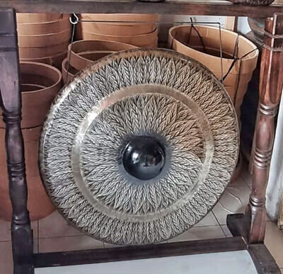 Large Gong in Brown Antique Stand 80cm Black pattern Healing Gong