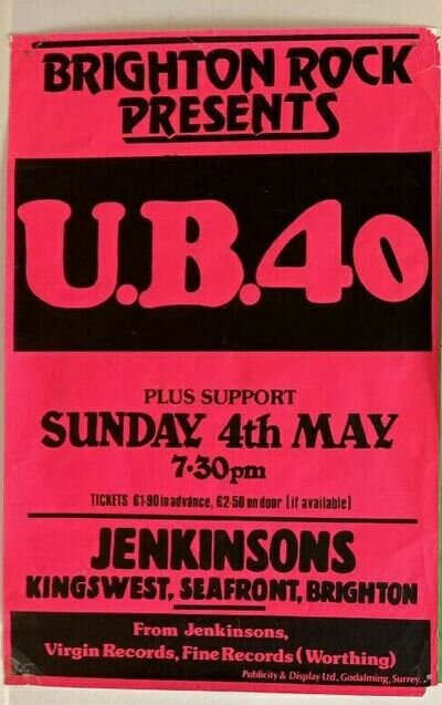 UB40 Poster 04.05.1980 Jenkinsons Brighton early Gig ORIGINAL