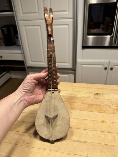 Vintage Balkan Gusle Carved Wood Goat Handle One String Folk Musical Instrument