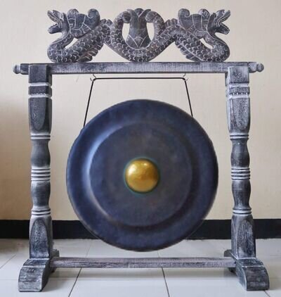 1 X Large Gong in Brown Antique Stand - 80cm - Black